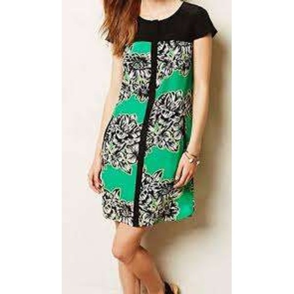Maeve Dresses & Skirts - Maeve Anthropologie Green Floral Silk Shift Dress Black Yoke Pockets Size 4 NWOT